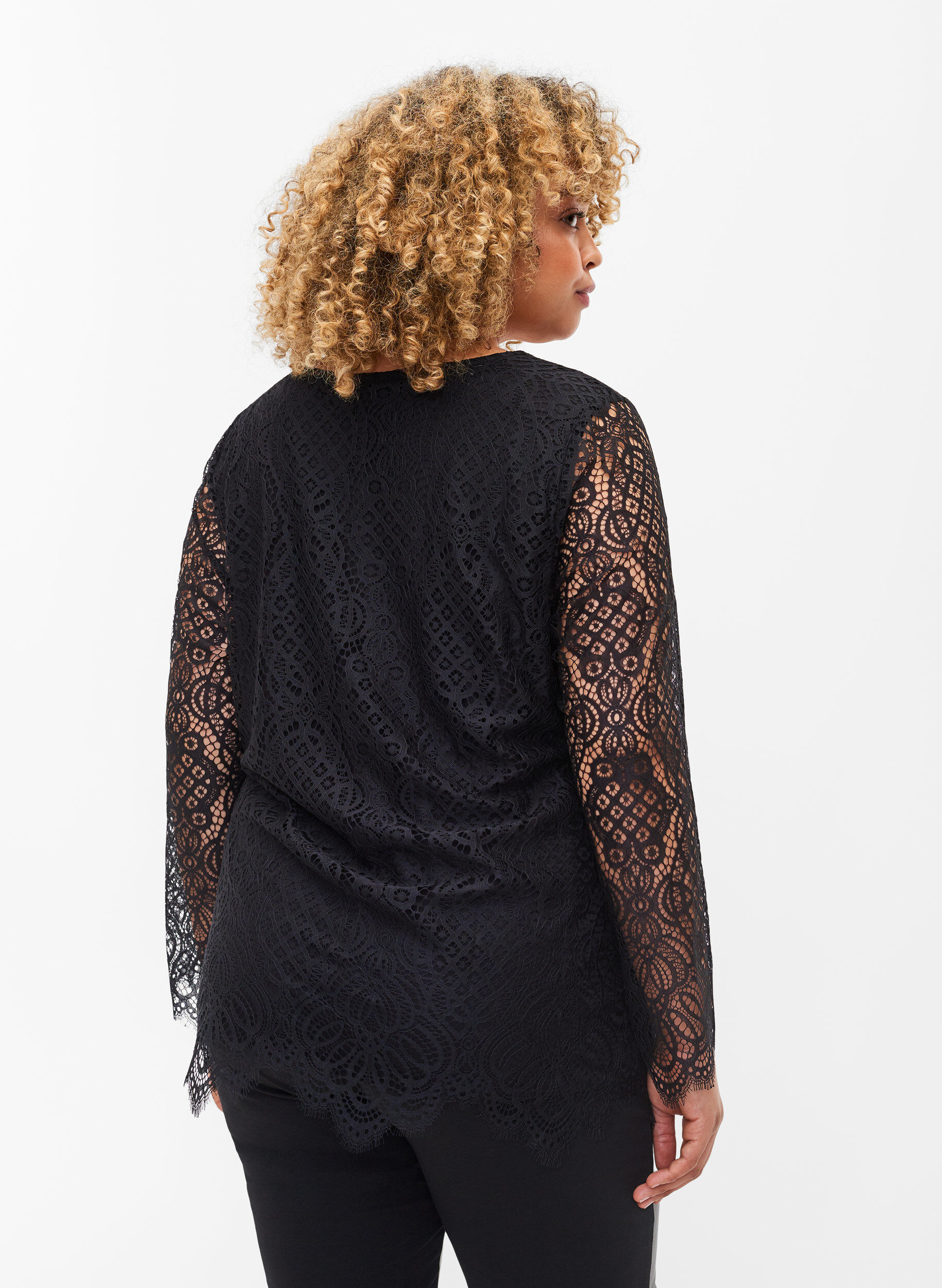 Zizzifashion Long-sleeved lace blouse with v-neck, Black, Model image number 1