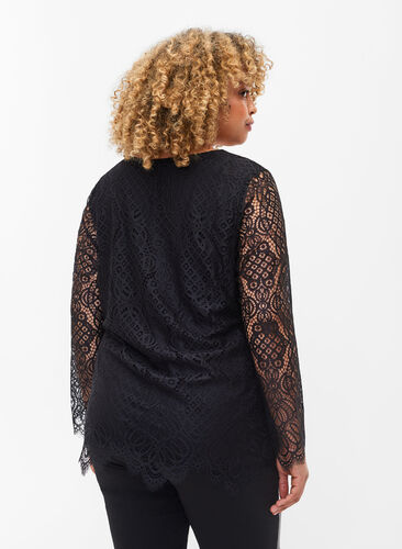 Long-sleeved lace blouse with v-neck, Black, Model image number 1
