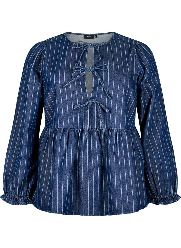 Striped denim blouse with front tie, Blue, Packshot image number 0