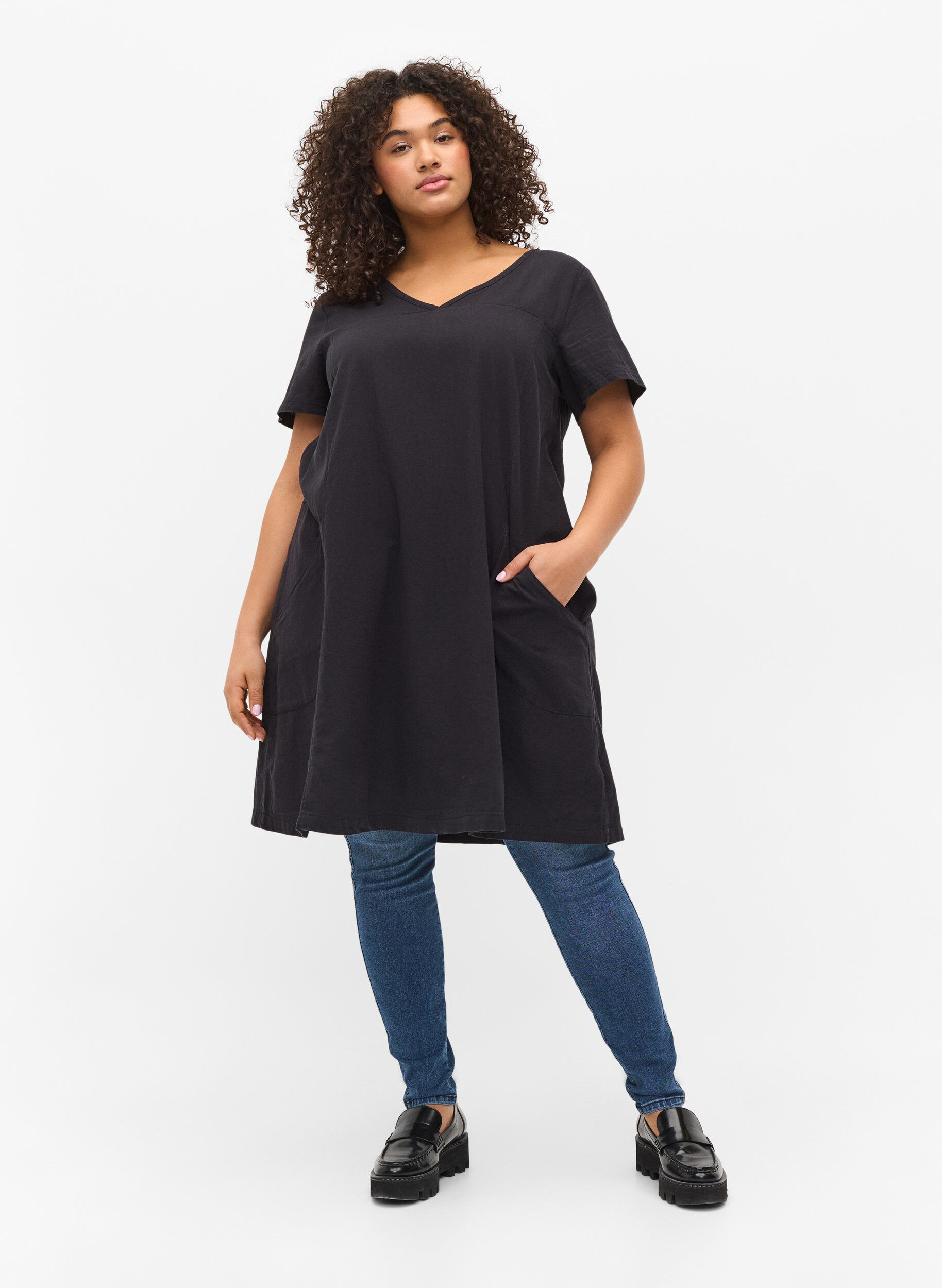 Zizzifashion Short-sleeved cotton dress, Black, Model image number 1