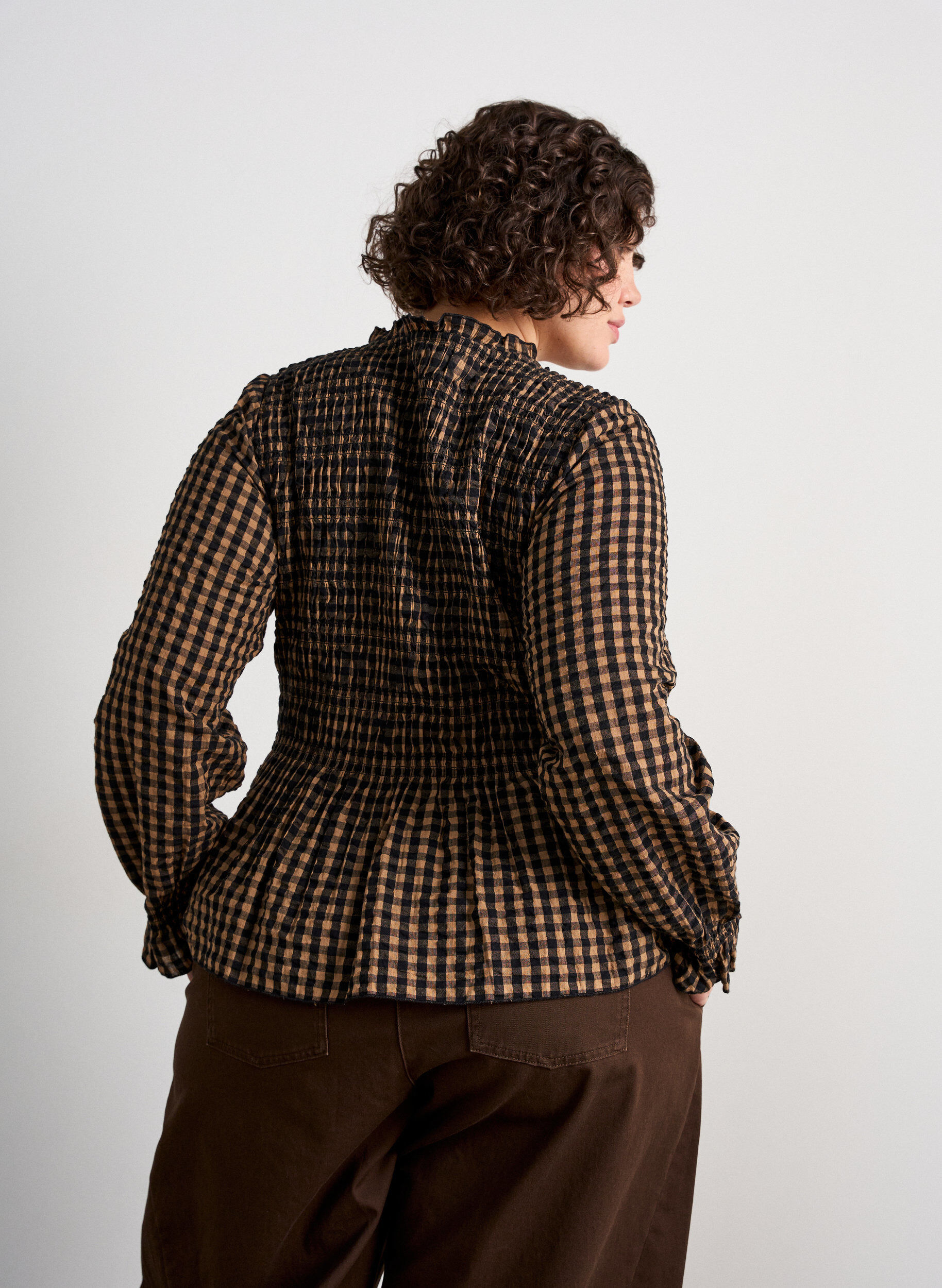 ZizzifashionChecked blouse with smocking and peplum, Brown, Model image number 2