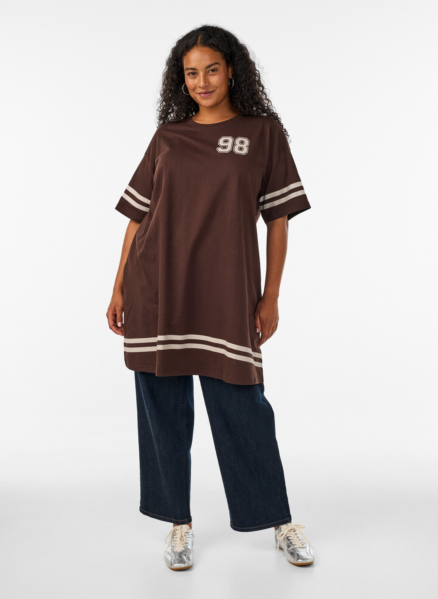 ZizzifashionShort t-shirt dress with sporty details, Brown, Model image number 1