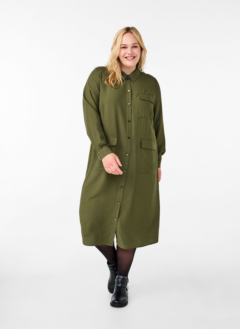 Shirt dress with pockets, Winter Moss, Model image number 0