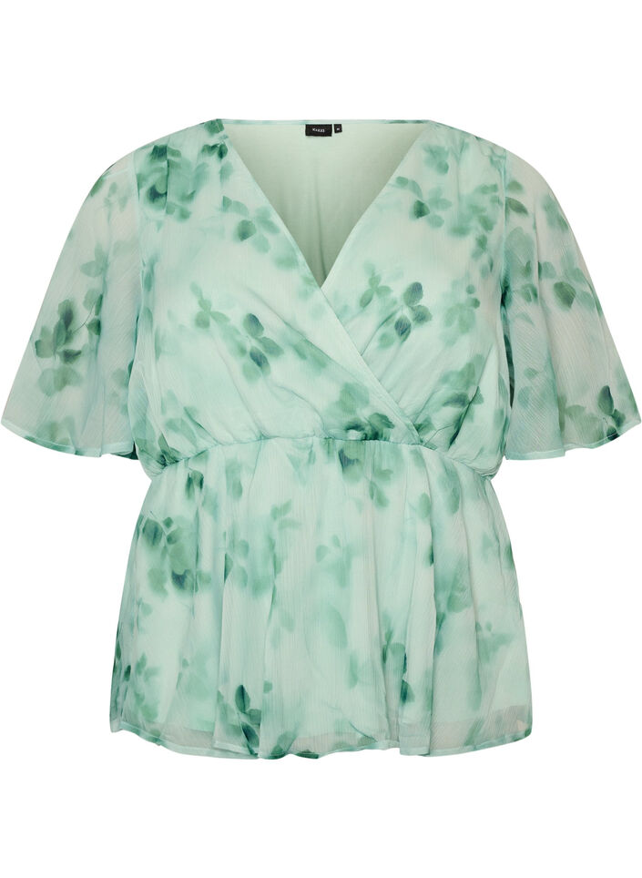 Floral chiffon blouse with short sleeves, Green, Packshot image number 0