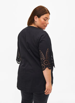 Shirt blouse with broderie anglaise and 3/4 sleeves, Black, Model image number 1