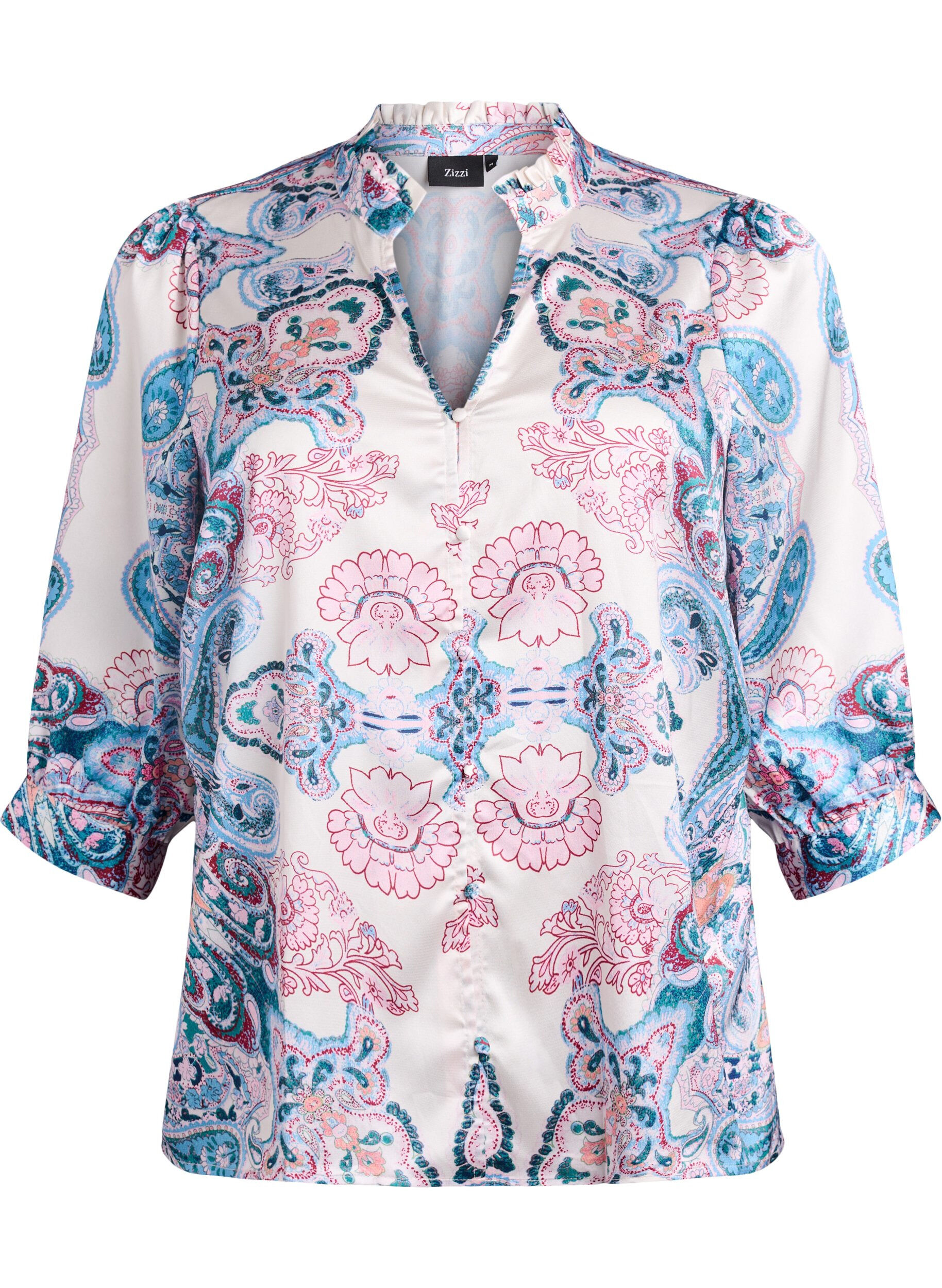 ZizzifashionSatin-look blouse with a paisley print and 3/4 sleeves, Blue, Packshot image number 0