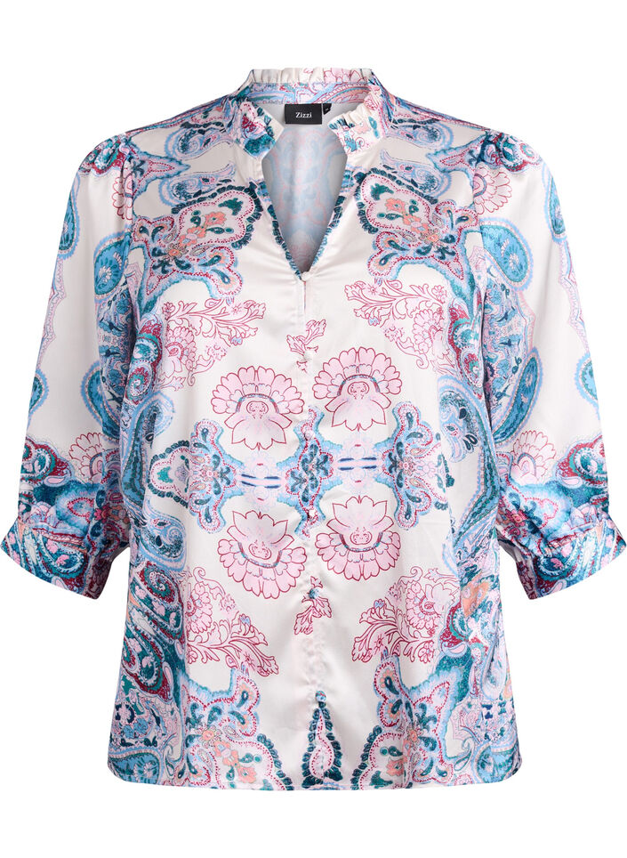 Satin-look blouse with a paisley print and 3/4 sleeves, Blue, Packshot image number 0