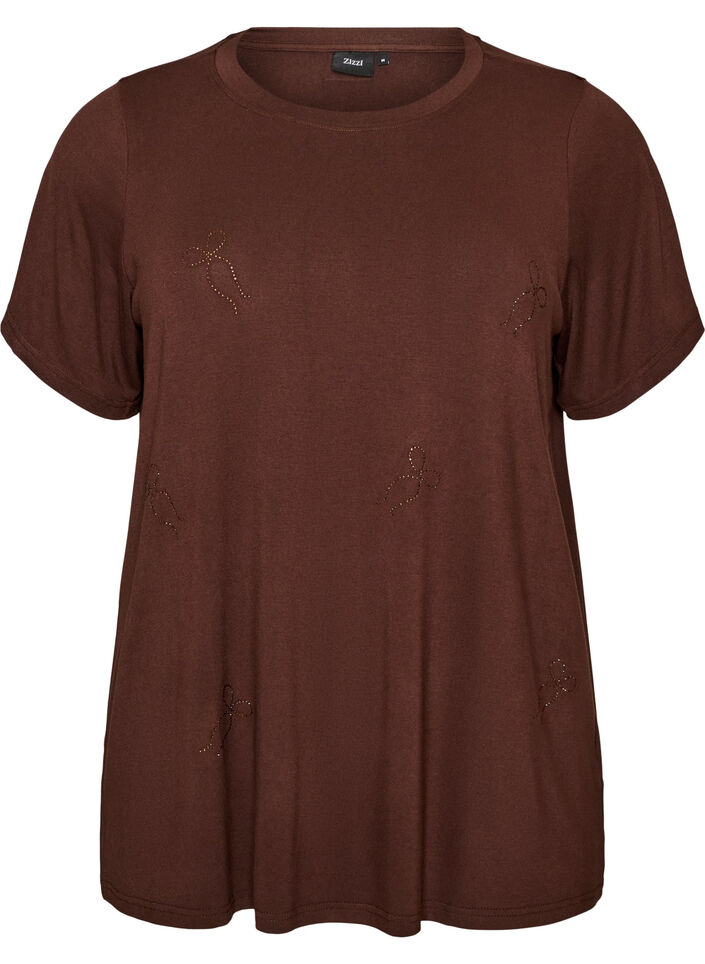 Viscose T-shirt with rhinestones, Brown, Packshot image number 0