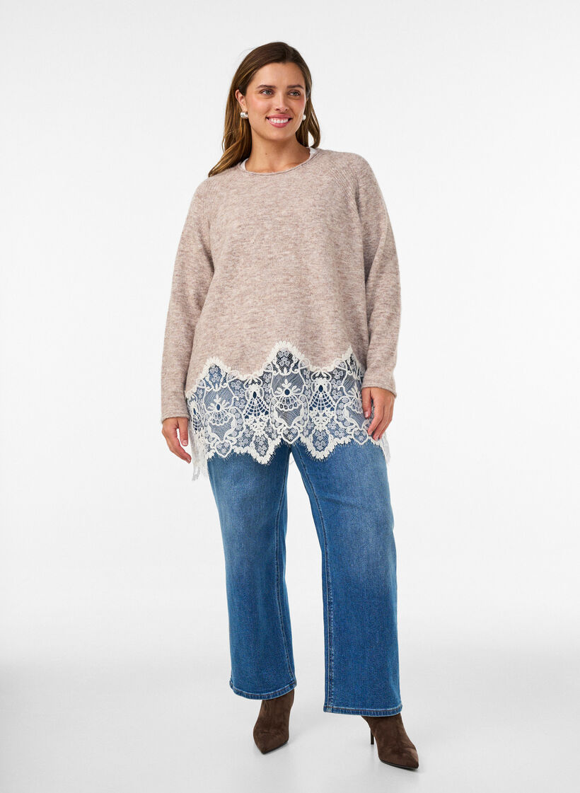 Knitted blouse with raglan sleeves and a wide lace trim, Beige, Model image number 1