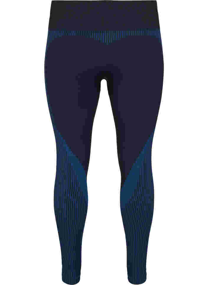 Seamless sport tights with stripes, Black w. Blue Depths, Packshot image number 1