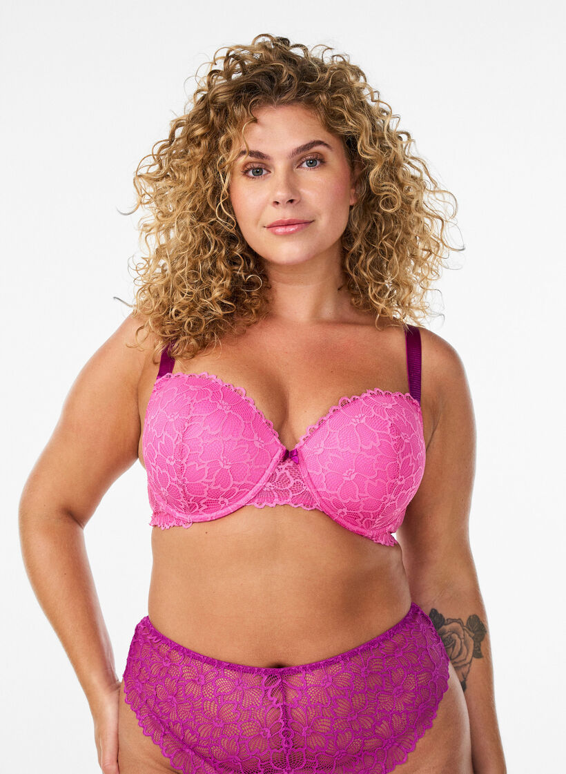 Bra with lace and moulded cups, Pink, Model image number 0