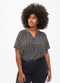 Blouse with short sleeves and v-neck, Black S.Graphic AOP, Model