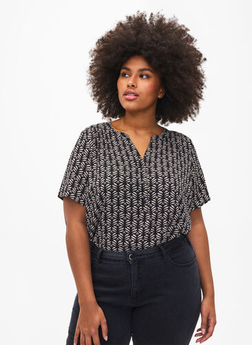 Blouse with short sleeves and v-neck, Black S.Graphic AOP, Model image number 0
