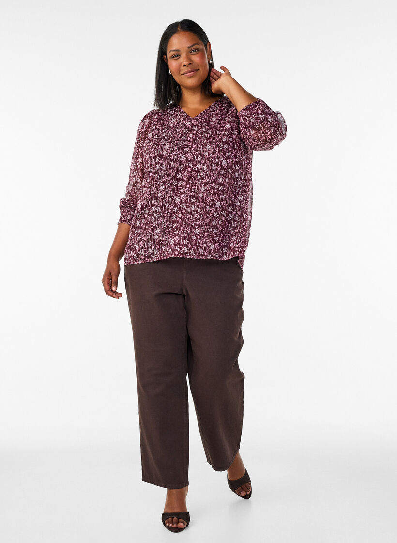 Blouse with floral print and glitter thread, Red, Model image number 1