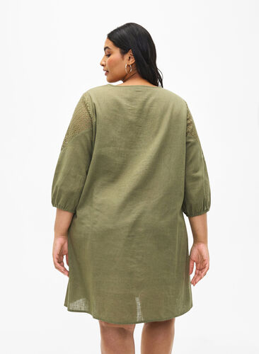 Dress in a cotton blend with linen and crochet detail, Deep Lichen Green, Model image number 1