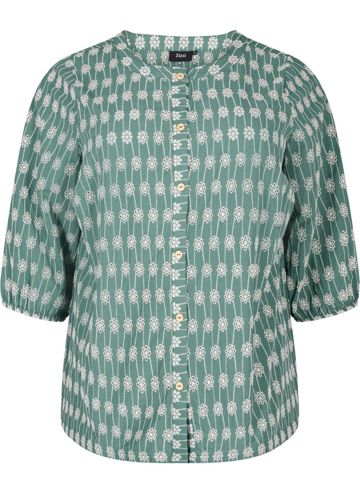 Cotton shirt blouse with floral pattern, Dark Forest, Packshot image number 0
