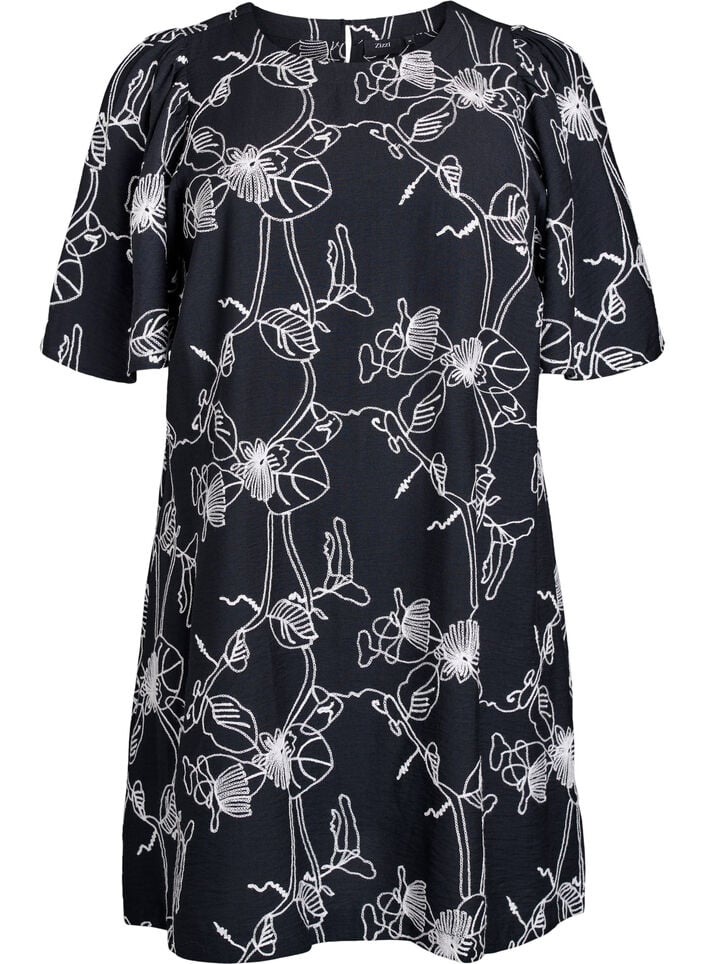 Short A-line dress with embroidered pattern, Black, Packshot image number 0