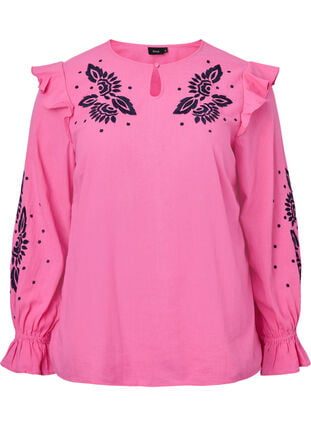 Cotton blouse with embroidery and ruffles, Pink P. w. Navy, Packshot image number 0