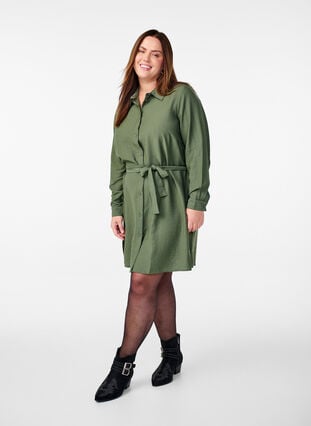 Shirt dress with tie belt and long sleeves - Green - Sz. 40-64 - Zizzifashion Shirt dress with tie belt and long sleeves - Green - Sz. 40-64 - Zizzifashion