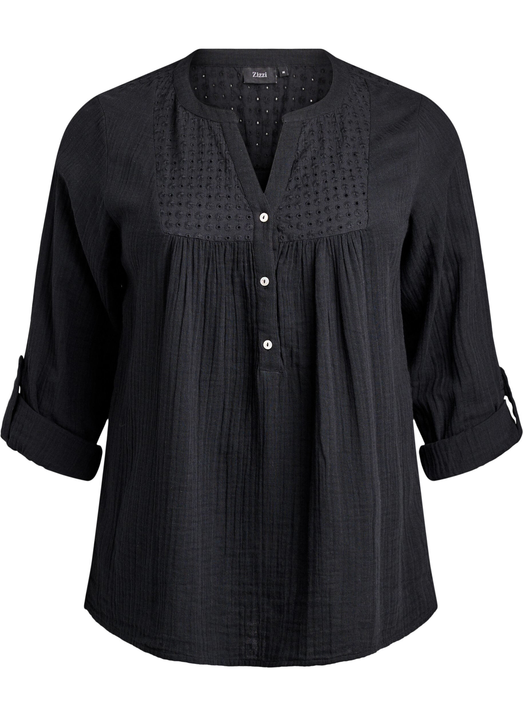 Blouse in cotton muslin with broderie anglaise