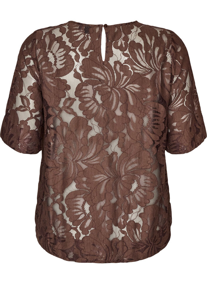 Lace blouse with short sleeves, Brown, Packshot image number 1