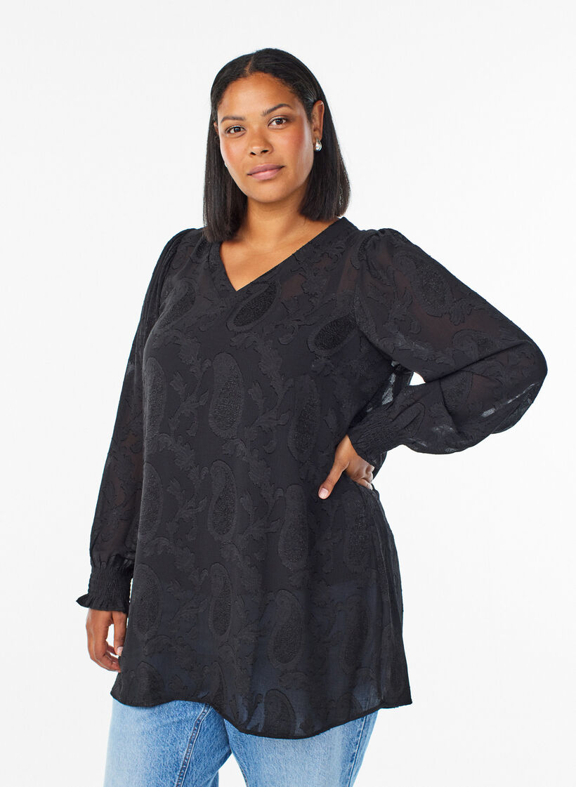 Tunic with a paisley texture and long sleeves, Black, Model image number 0