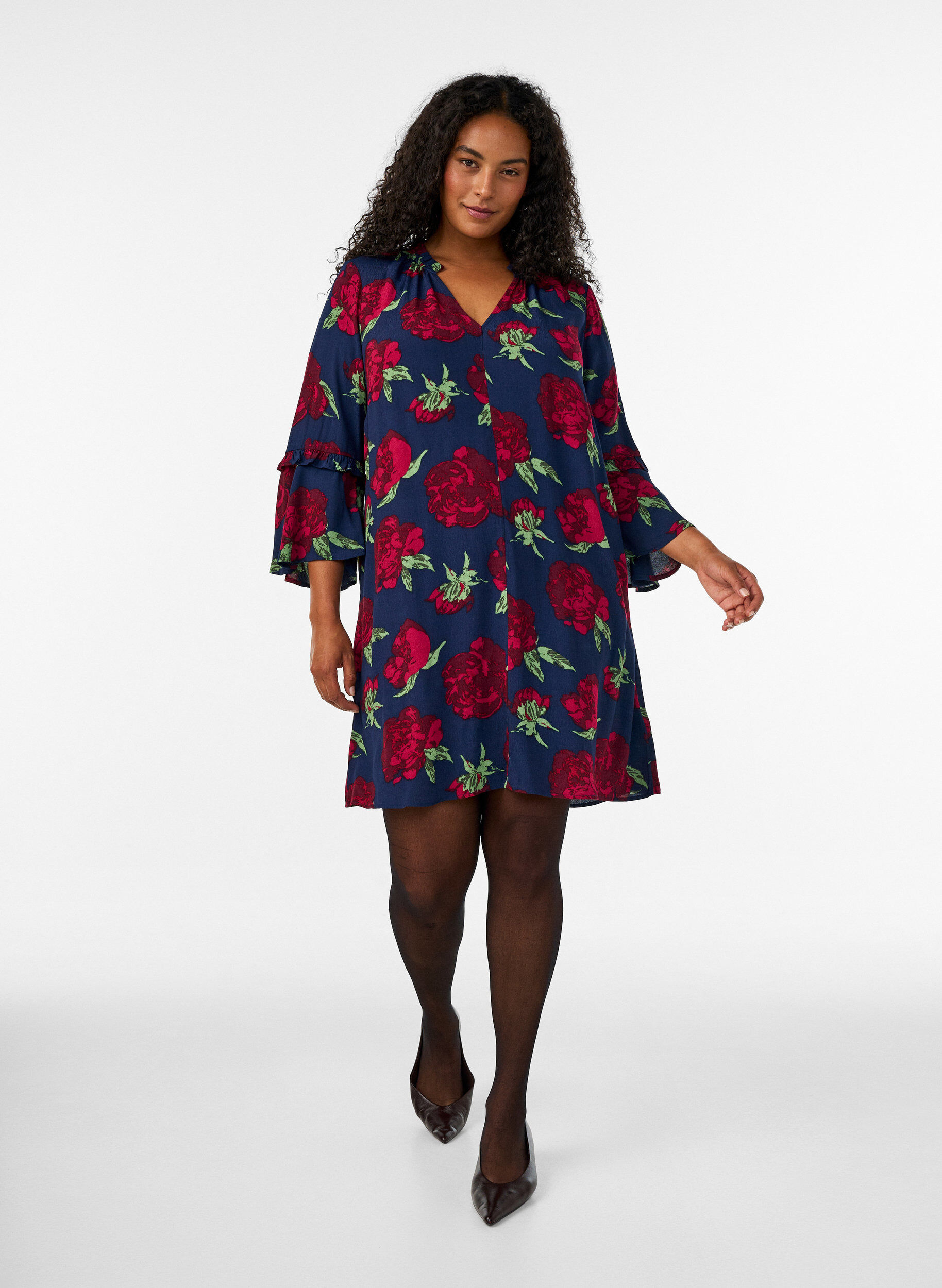 ZizzifashionFloral dress in viscose with ruffles, Blue, Model image number 1