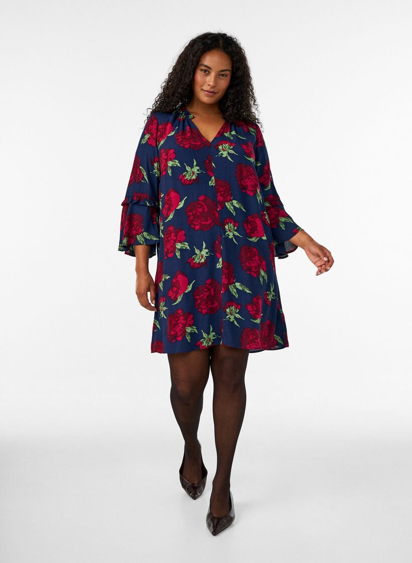 Floral dress in viscose with ruffles, Blue, Model image number 1