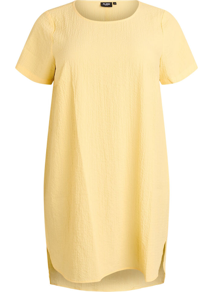 Short dress with a crinkled texture and short sleeves, Yellow, Packshot image number 0