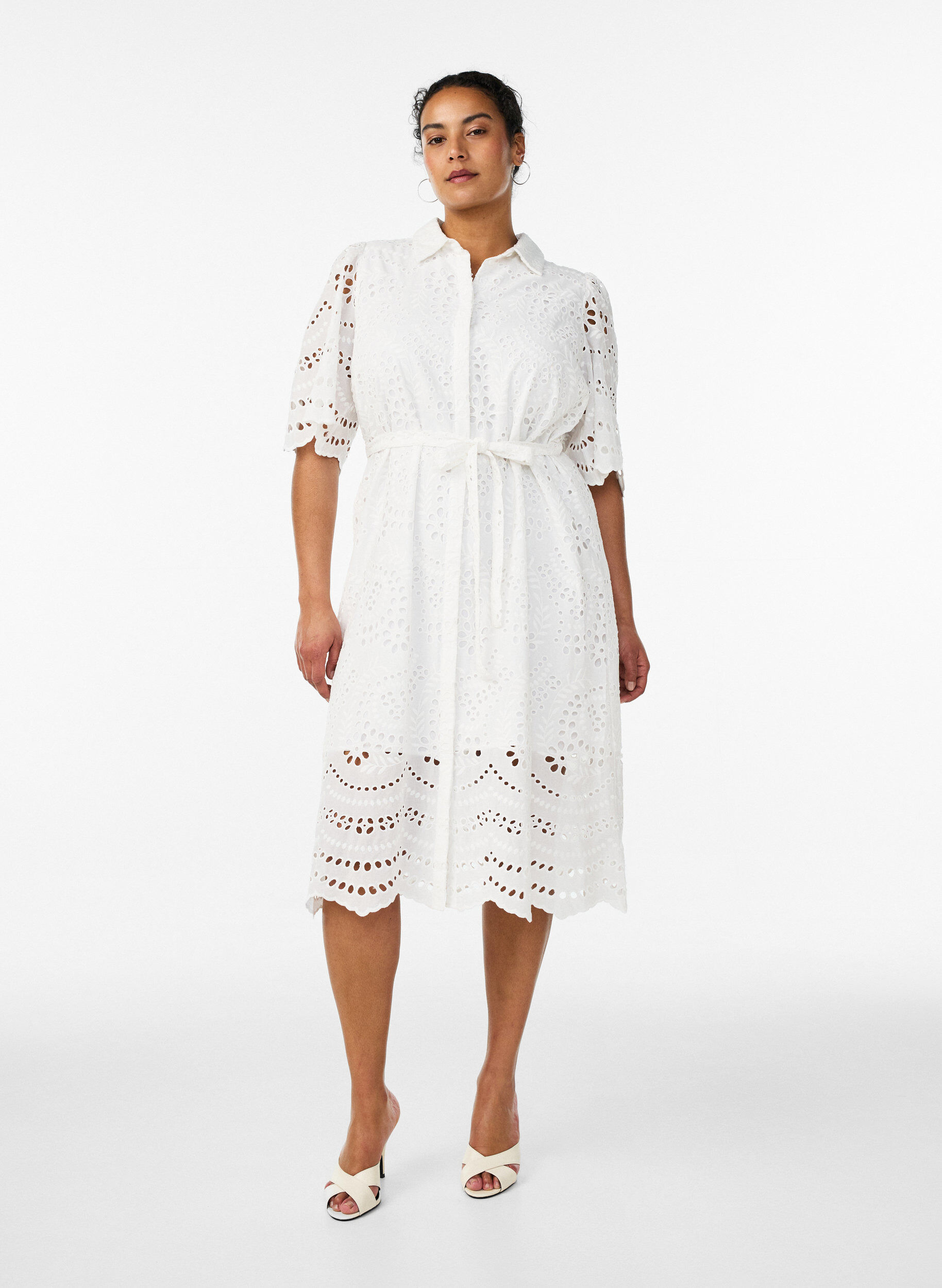 ZizzifashionShirt dress in broderie anglaise with a tie-belt, White, Model image number 1