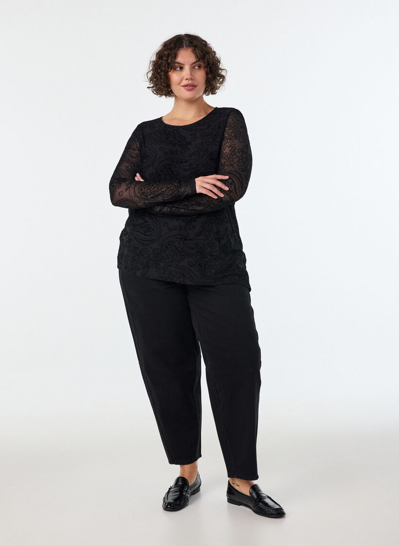 Mesh blouse with paisley print and asymmetrical hem, Black, Model image number 1