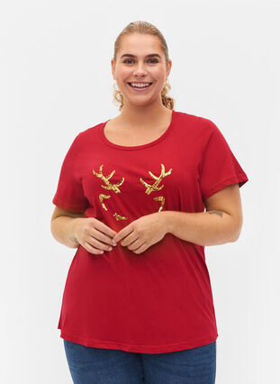 Christmas t-shirt in cotton, Tango Red Reindeer, Model image number 0