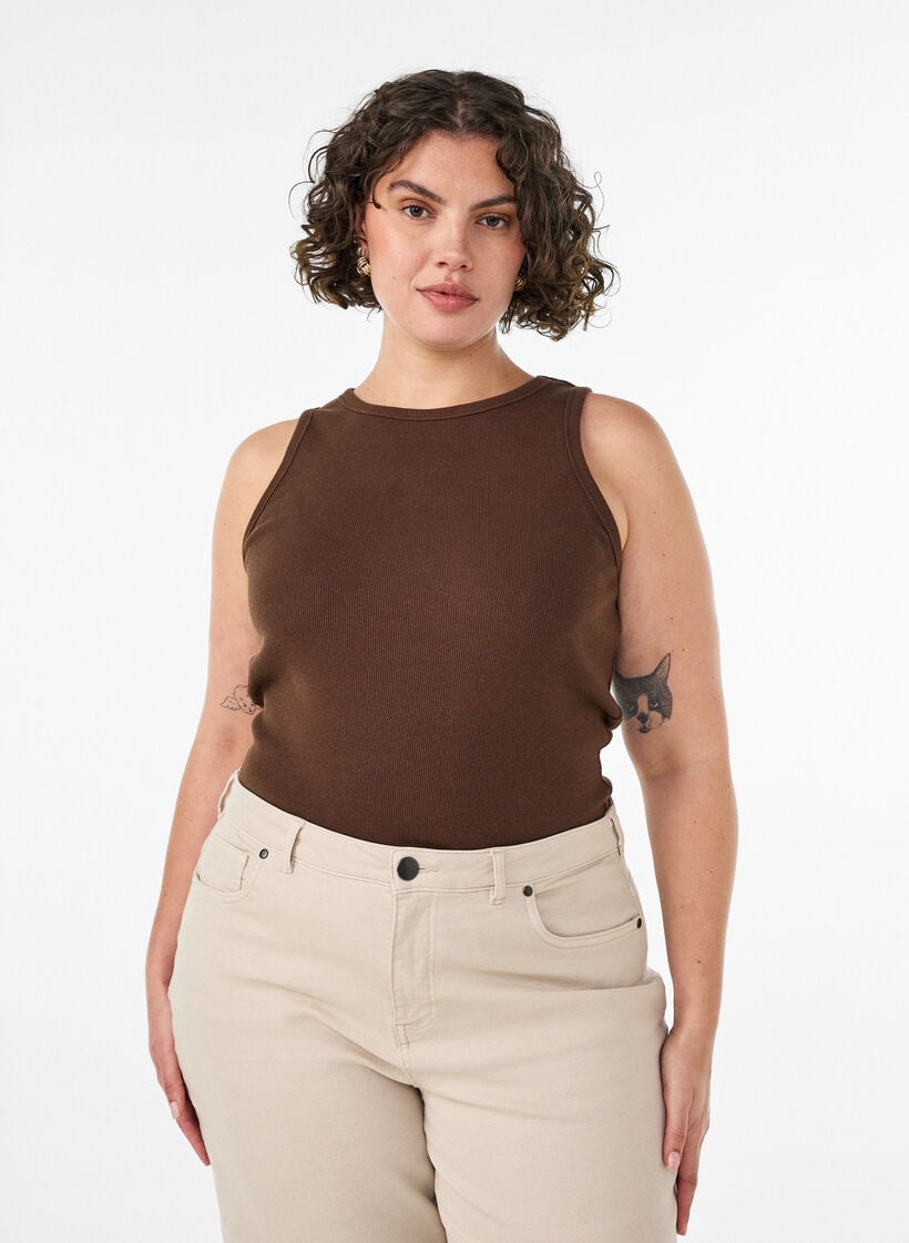 Cotton ribbed top with high neck, Brown, Model image number 0