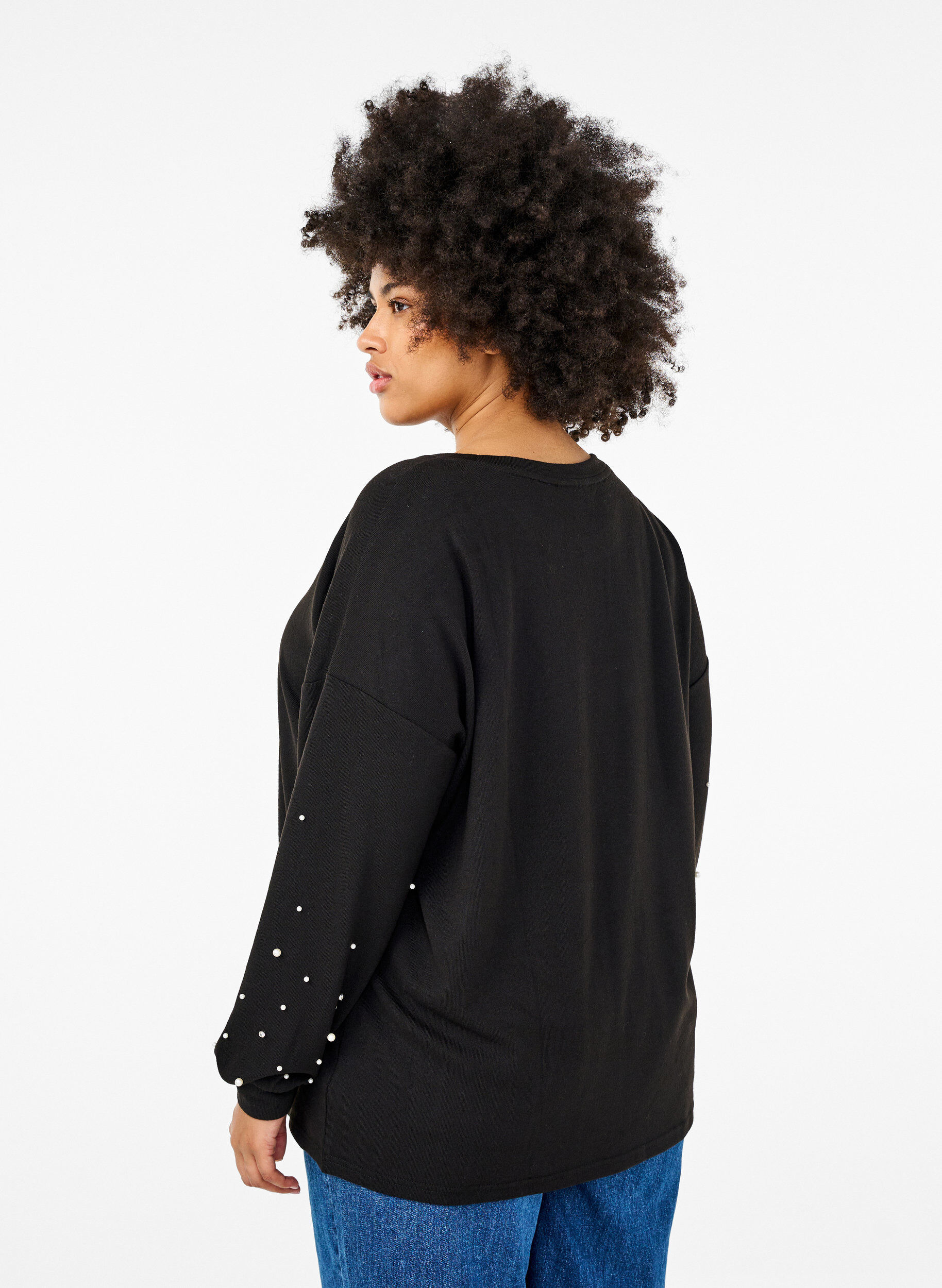 Zizzifashion Solid coloured blouse with pearls, Black, Model image number 1