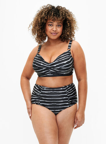 High-waisted striped bikini bottoms, Black White Stripe, Model image number 0