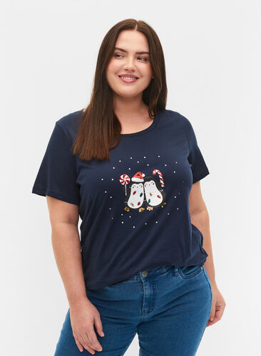 Christmas t-shirt in cotton, Navy Blazer Penguin, Model image number 0