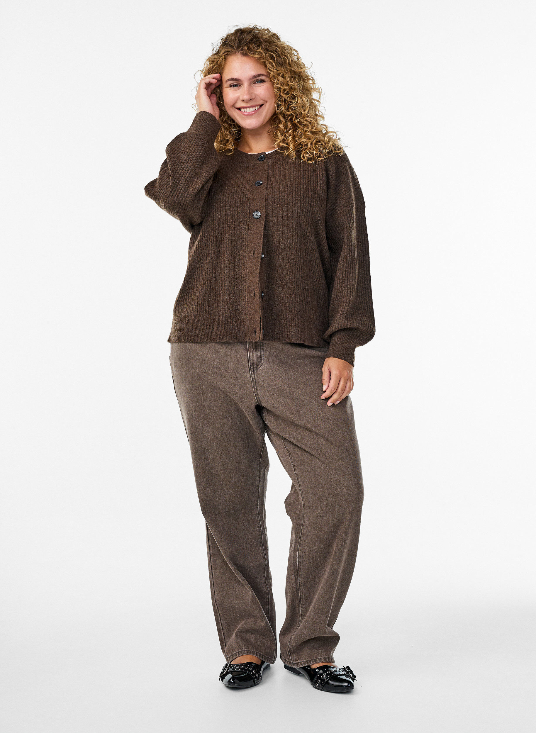 ZizzifashionRib knit cardigan with buttons, Brown, Model image number 1