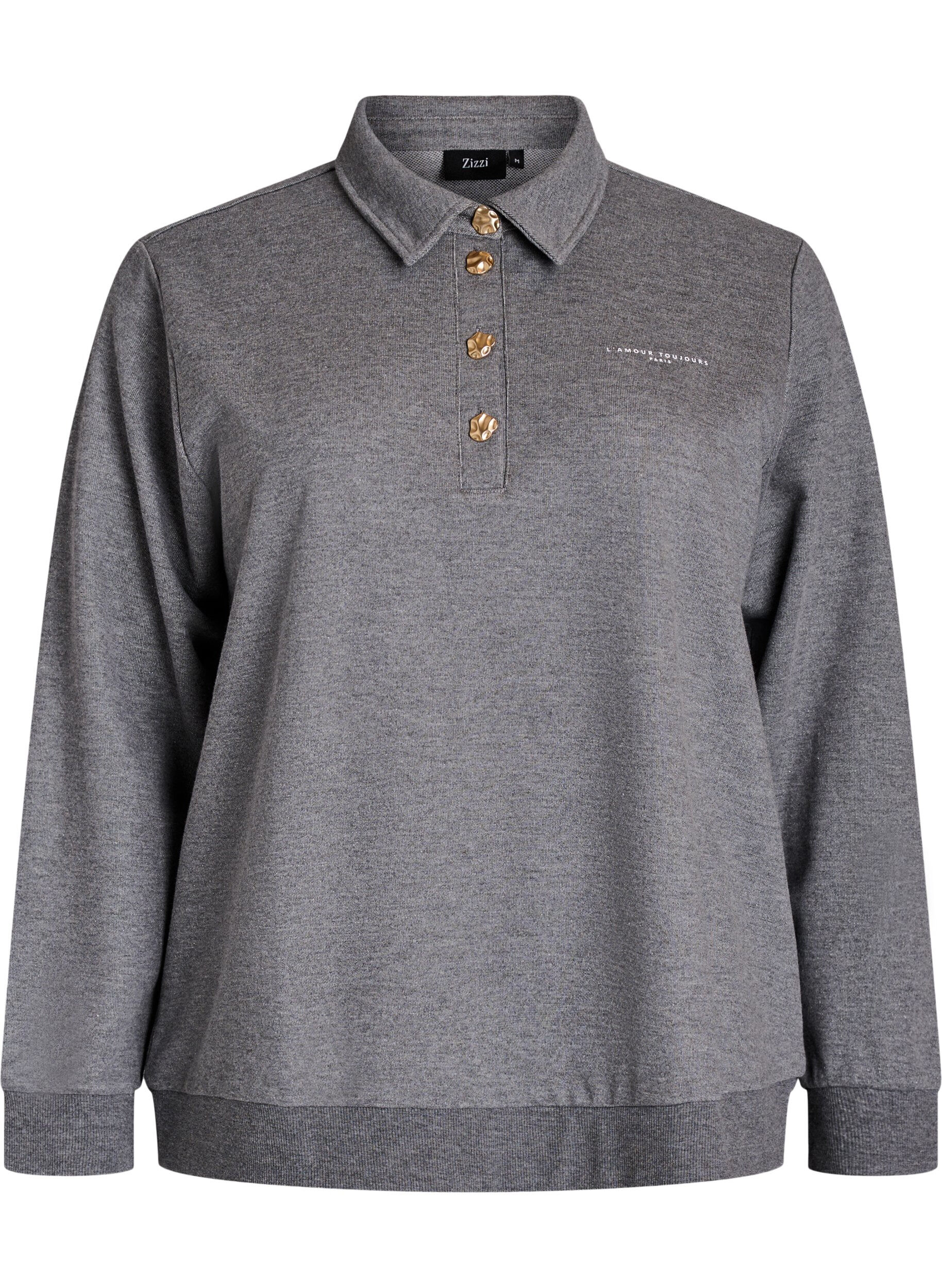 Zizzifashion Sweat polo shirt with decorative buttons, Grey, Packshot image number 0