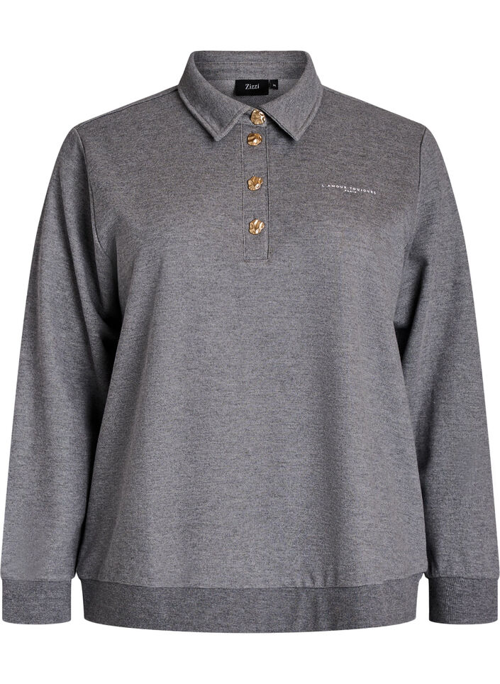 Sweat polo shirt with decorative buttons, Grey, Packshot image number 0