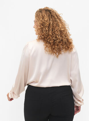 Satin shirt blouse with ruffle details, Champagne, Model image number 1