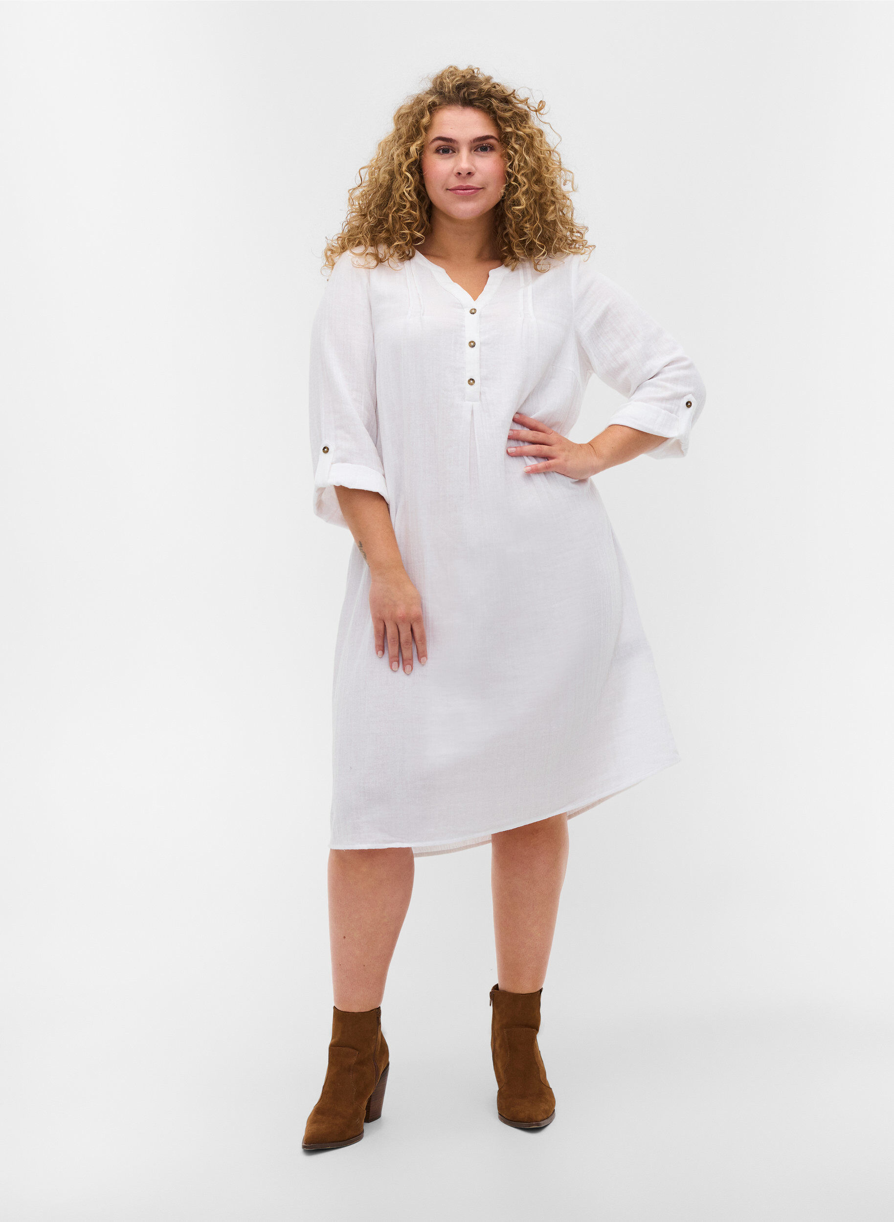Zizzifashion Cotton dress with 3/4 sleeves, Bright White, Model image number 2