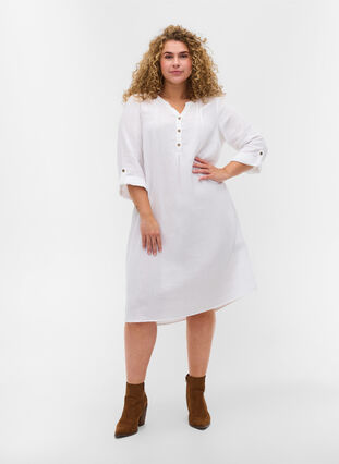 Cotton dress with 3/4 sleeves, Bright White, Model image number 2