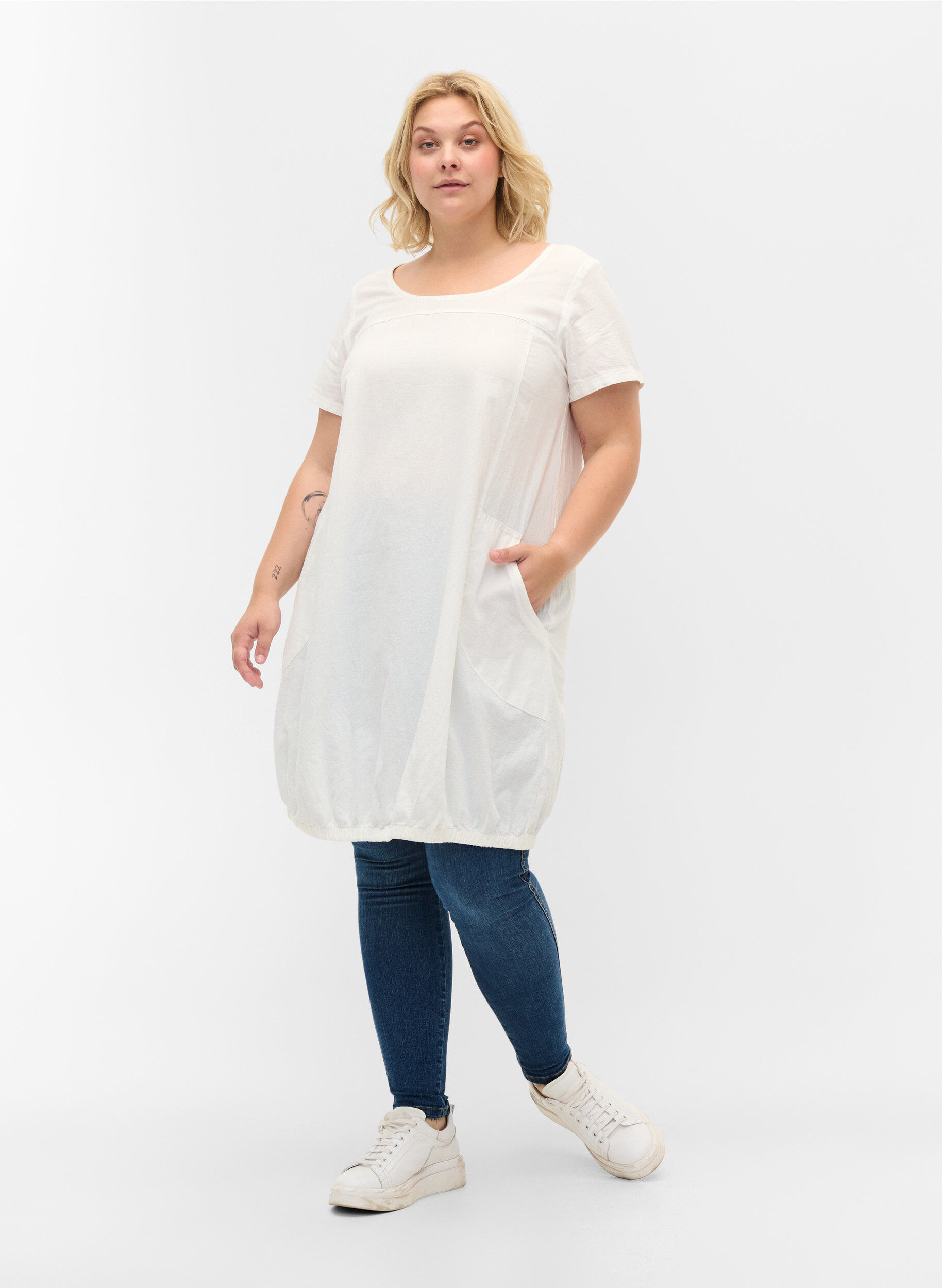 ZizzifashionShort-sleeved cotton dress, White, Model image number 1