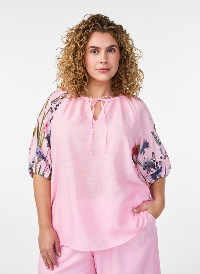 Blouse with tie detail and floral print sleeves, Pink, Model image number 0