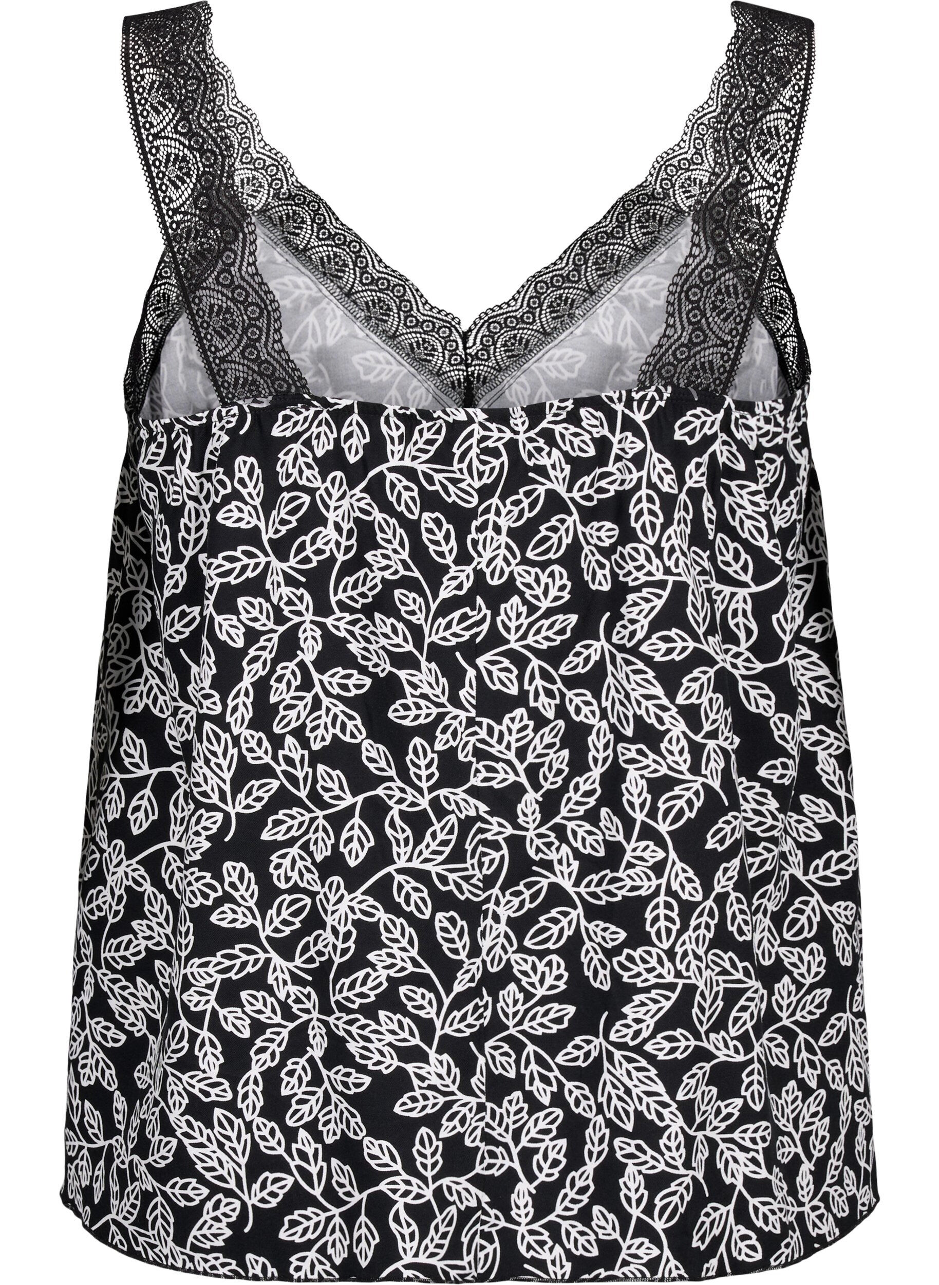 Zizzifashion Lace top in viscose, Black w. Wh.Leaf AOP, Packshot image number 1