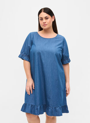 Short-sleeved denim dress in cotton, Blue denim, Model image number 0