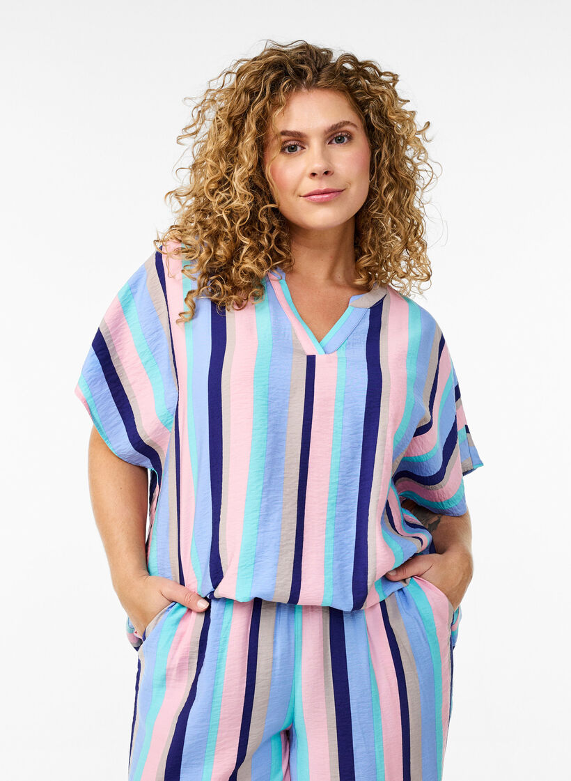 Striped viscose blouse with short sleeves, Blue, Model image number 0