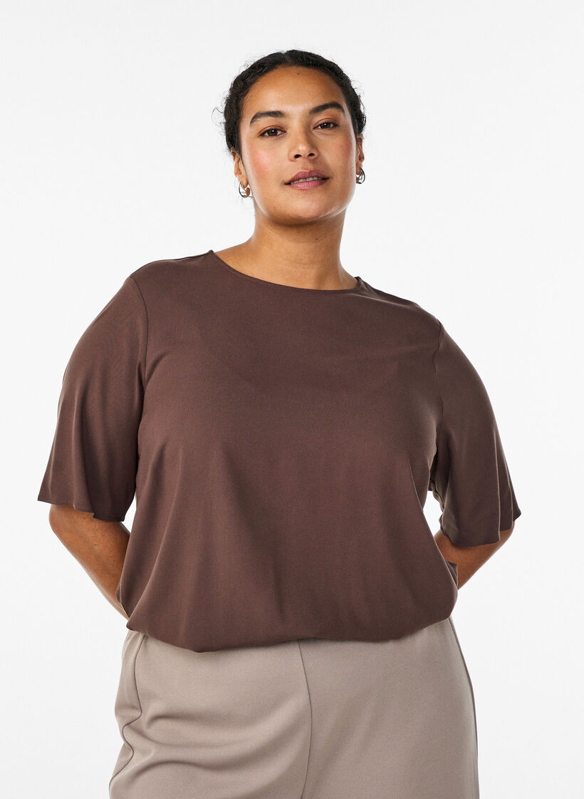 Short-sleeved woven blouse with round neck, Brown, Model image number 0