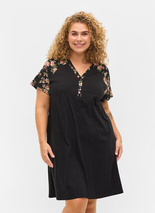Short sleeve cotton nightdress with print details, Black Flower, Model image number 0
