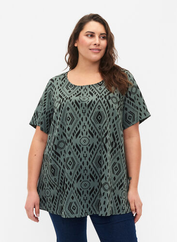 FLASH - Blouse with short sleeves and print, Balsam Graphic, Model image number 0